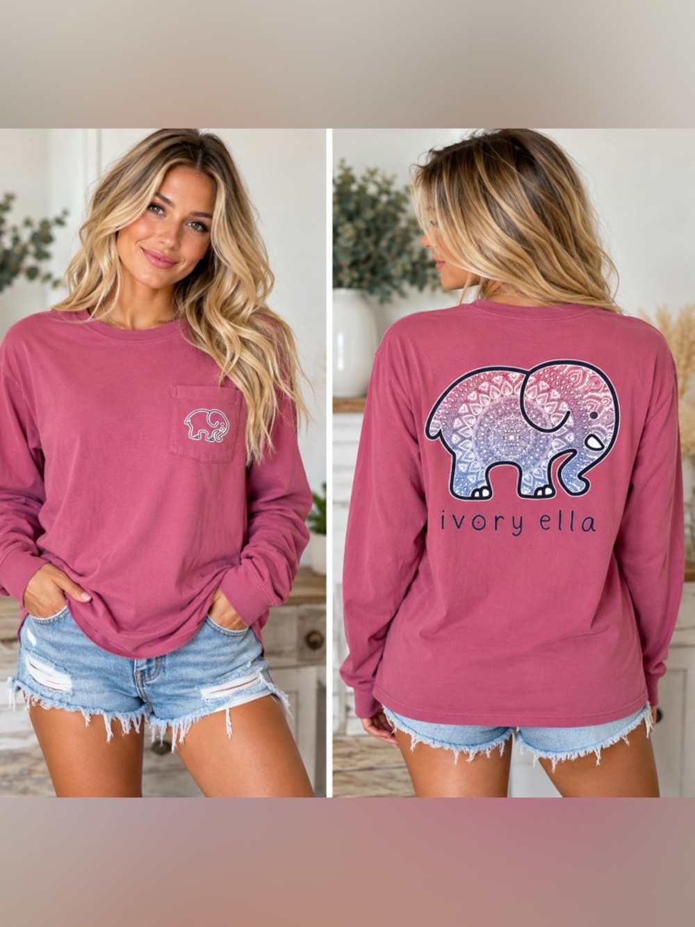 Ivory Ella Pink Elephant Paisley Back Graphic Long Sleeve Pocket Tee